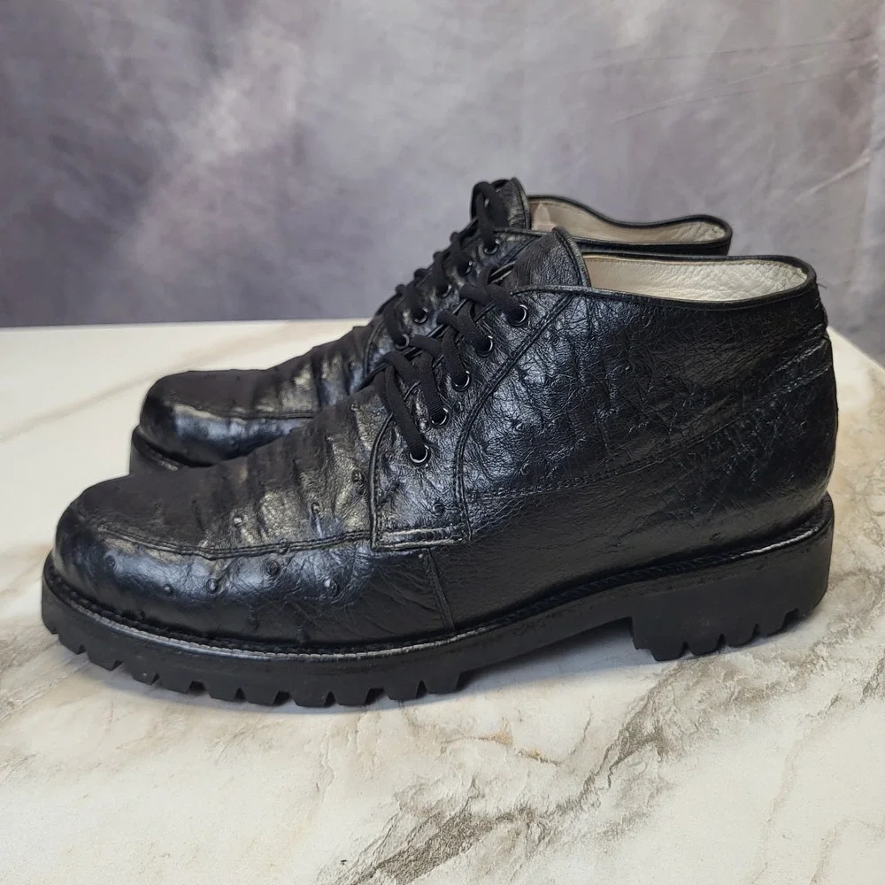 Max Leather USA Full Quill Genuine Ostrich Chukka Boots Black Men's Size 9